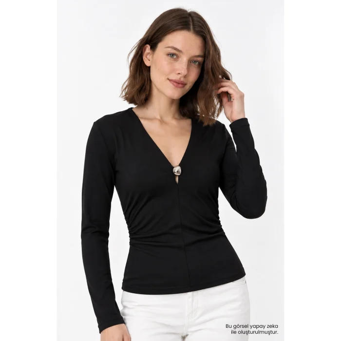 V-Neck Metal Buckle Fitted Black Blouse - 3