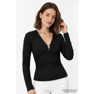 V-Neck Metal Buckled Waist-Fitted Black Blouse - 3