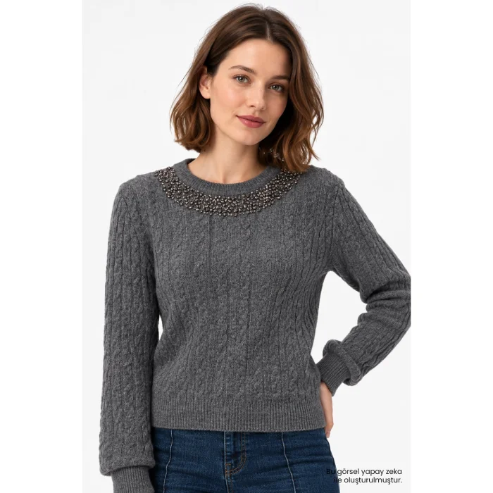 Hand-Embroidered Cable Knit Grey Blouse - 3