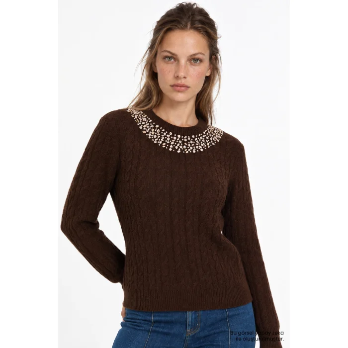 Hand Embroidered Cable Knit Brown Blouse - 3