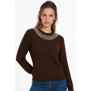 Hand-Embroidered Cable Knit Brown Blouse - 5