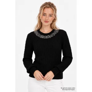 Hand-Embroidered Cable-Knit Black Blouse - 3