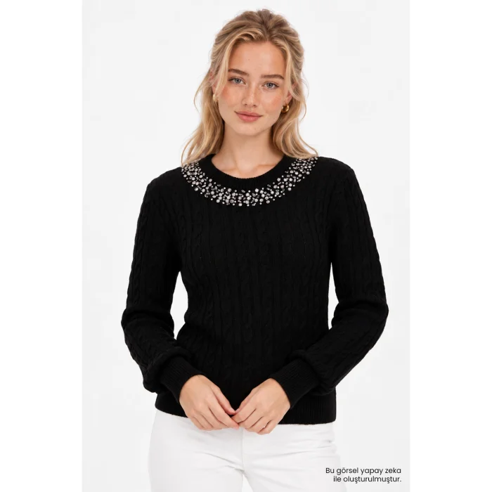 Hand-Embroidered Cable Knit Black Blouse - 3