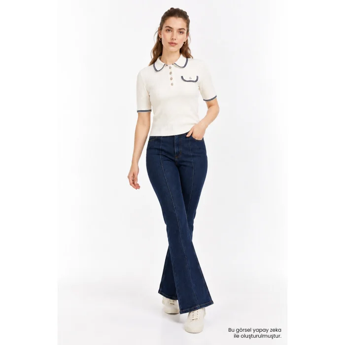 Short Sleeve Polo Collar Slim Fit Knit Blouse - 2