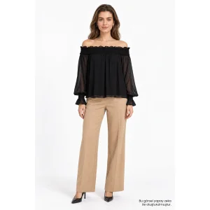 Madonna Neck Smocked Ruffle Detail Chiffon Black Blouse - 1