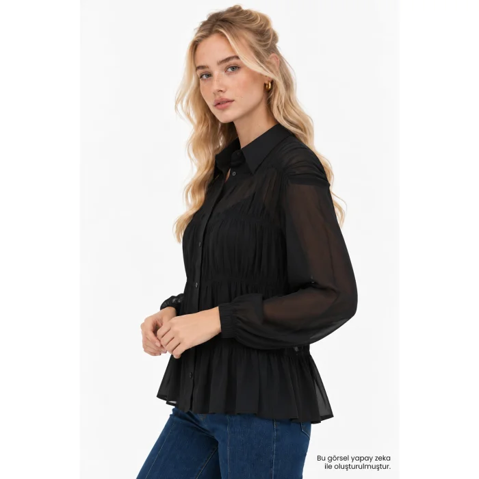 Long Sleeved Transparent Detailed Chiffon Black Blouse - 4