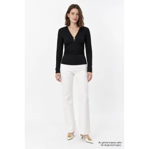 V-Neck Metal Buckle Slim Fit Black Blouse - 1