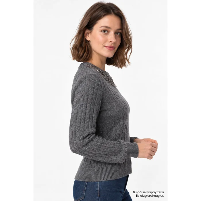 Hand-Embellished Cable Knit Grey Blouse - 5