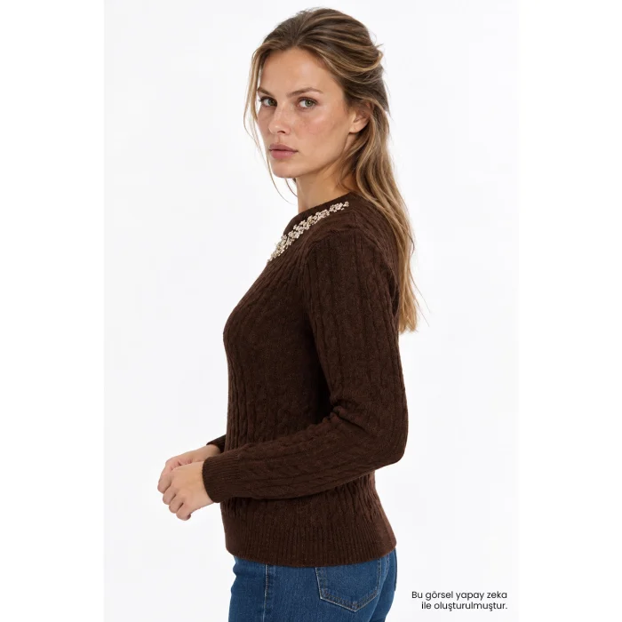 Hand-Embroidered Cable Knit Brown Blouse - 5