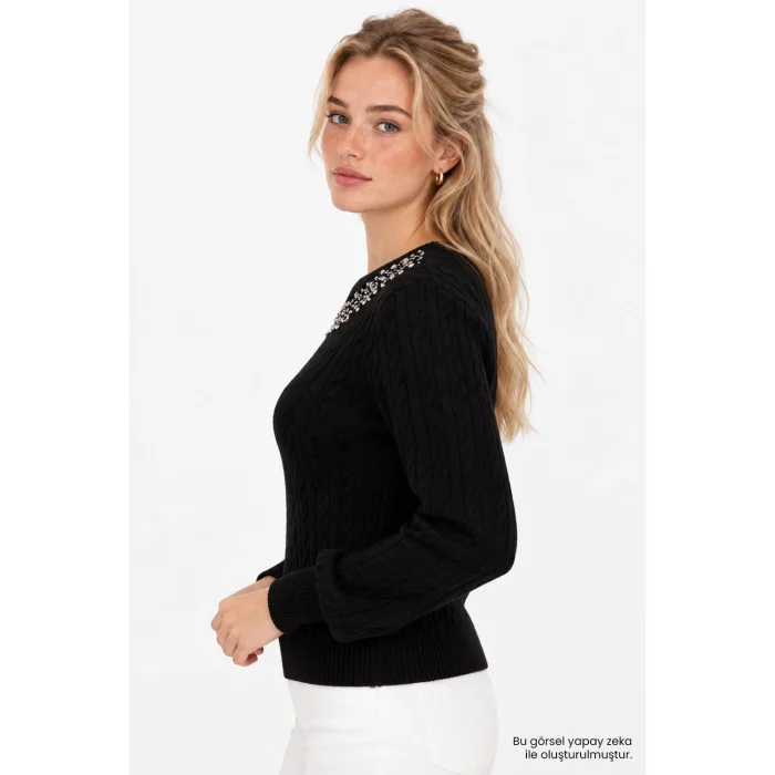 Hand-Embroidered Patterned Tricot Blouse Black - 5