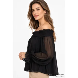 Madonna Neck Smocked Ruffle Chiffon Blouse - 5