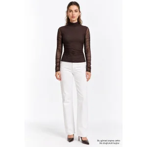 Ribbed Turtleneck Transparent Knit Brown Blouse - 1