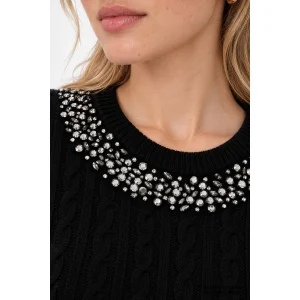 Hand-Embroidered Cable Knit Black Blouse - 6
