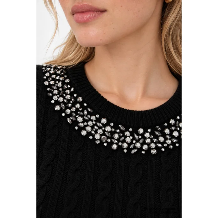 Hand-Embroidered Cable Knit Black Blouse - 6