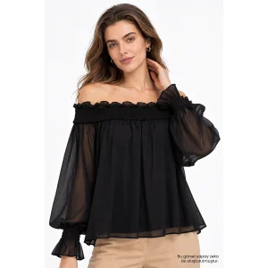 Off-the-Shoulder Smocked Ruffle Detail Chiffon Black Blouse - 5