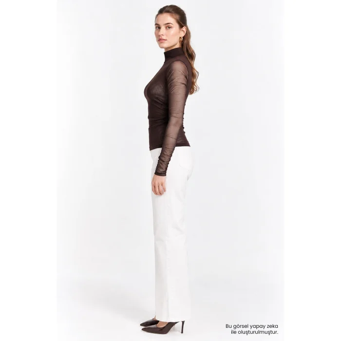 Ribbed Turtleneck Transparent Knit Brown Blouse - 3