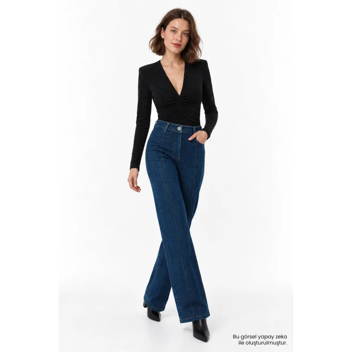 Ruched Deep V-Neck Glitter Black Blouse - 2