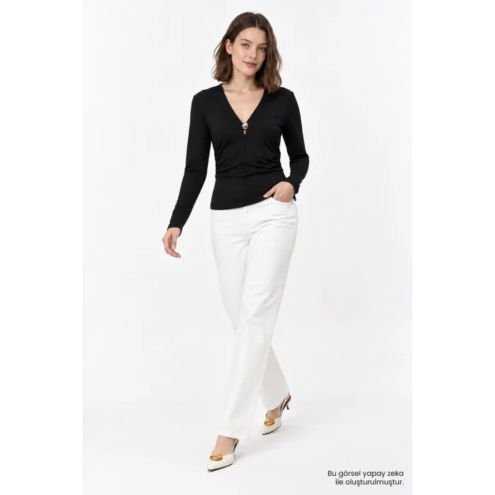 V Neck Metal Buckle Detailed Fitted Blouse - 2