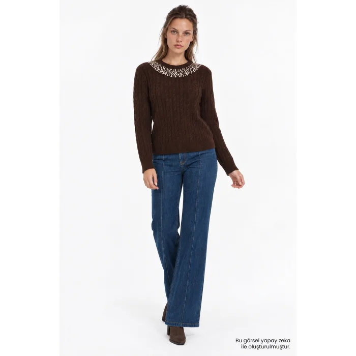 Hand-Embroidered Cable Knit Brown Blouse - 2