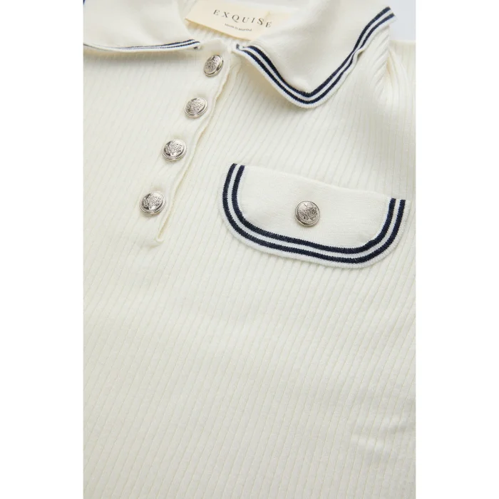 Short Sleeve Polo Collar Slim Fit Ecru Knit Blouse - 6