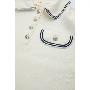 Slim Fit Polo Collar Ecru Knit Blouse - 6