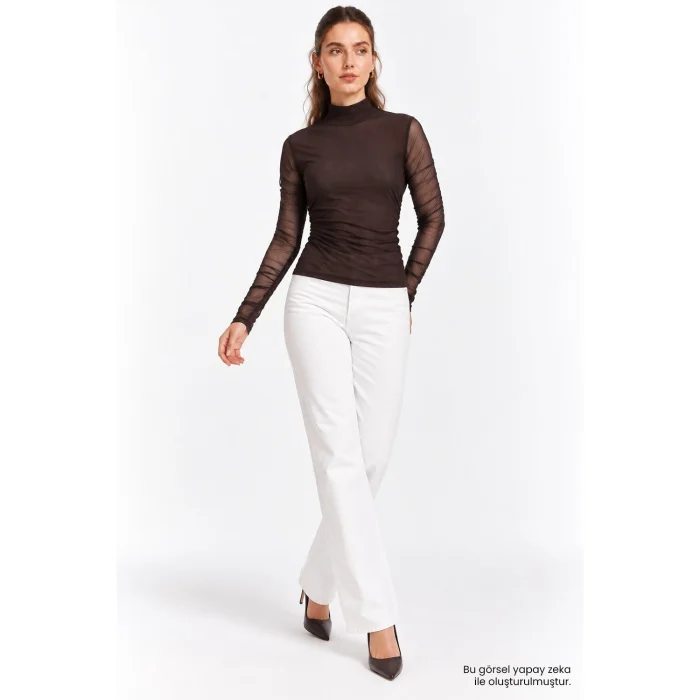 Ribbed Turtleneck Transparent Knit Brown Blouse - 2