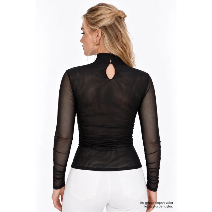 Ribbed Turtleneck Sheer Knitted Black Blouse - 3
