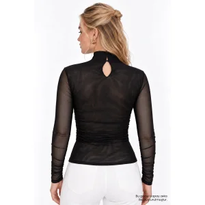 Ribbed Turtleneck Transparent Knit Black Blouse - 4