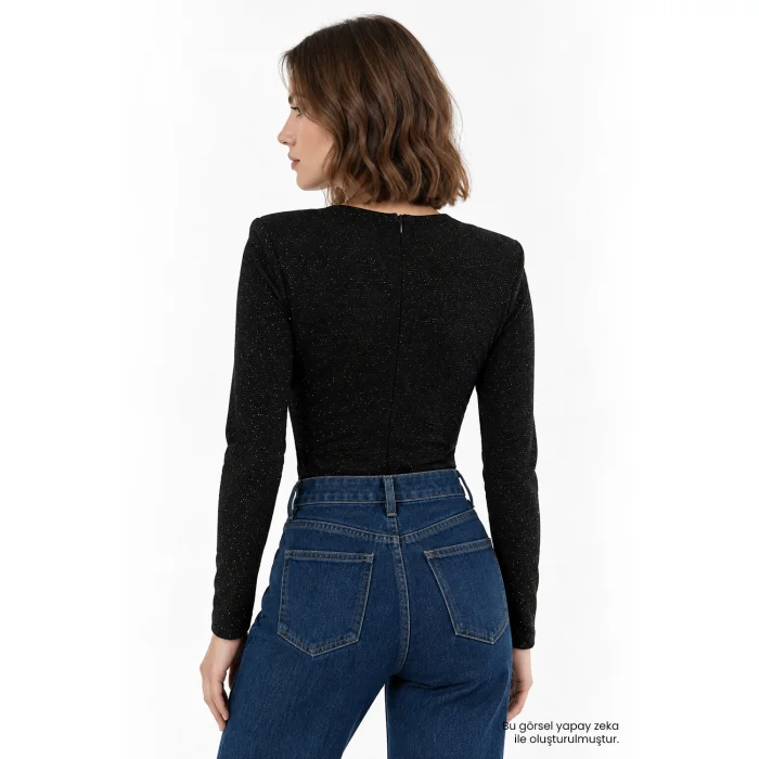 Ruched Deep V-Neck Glitter Black Blouse - 5