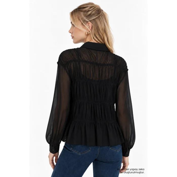 Long Sleeved Sheer Detail Chiffon Black Blouse - 6