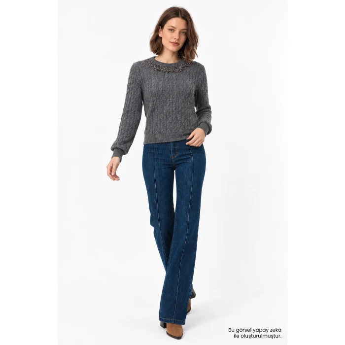 Hand Embroidered Cable Knit Grey Blouse - 2