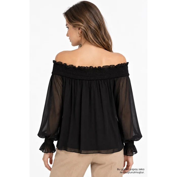 Madonna Neck Smocked Ruffle Detail Chiffon Black Blouse - 3