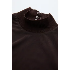 Ribbed Turtleneck Transparent Knit Brown Blouse - 6