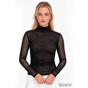 Ribbed Turtleneck Transparent Knit Black Blouse - 5