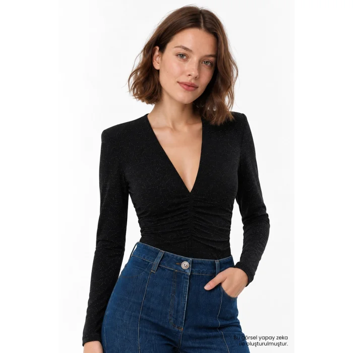 Deep V-Neck Gathered Glittery Black Blouse - 6