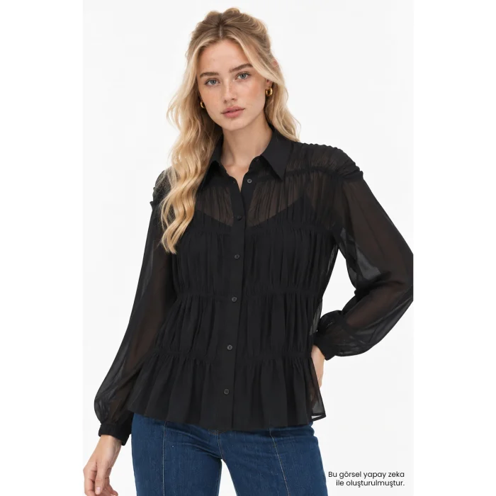 Transparent Detailed Chiffon Black Blouse - 6
