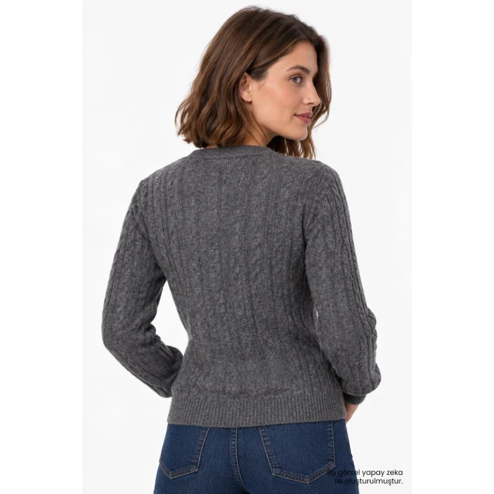 Hand-Embroidered Collar Braided Knit Grey Blouse - 4