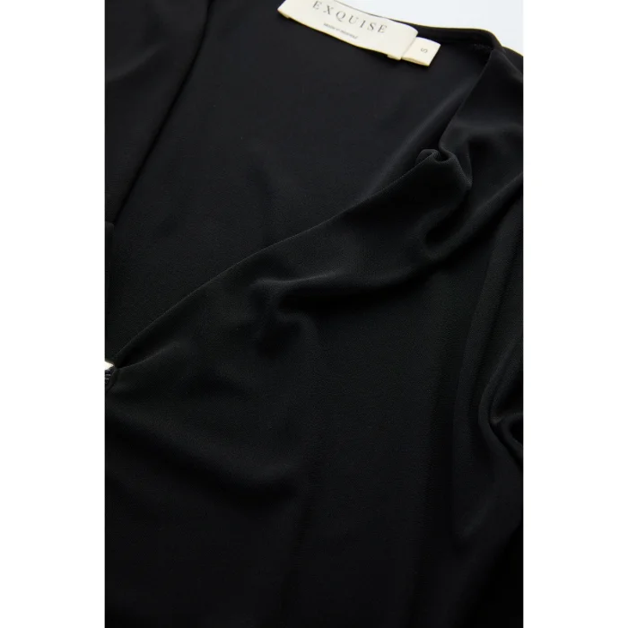 V-Neck Metal Buckle Slim Fit Black Blouse - 6