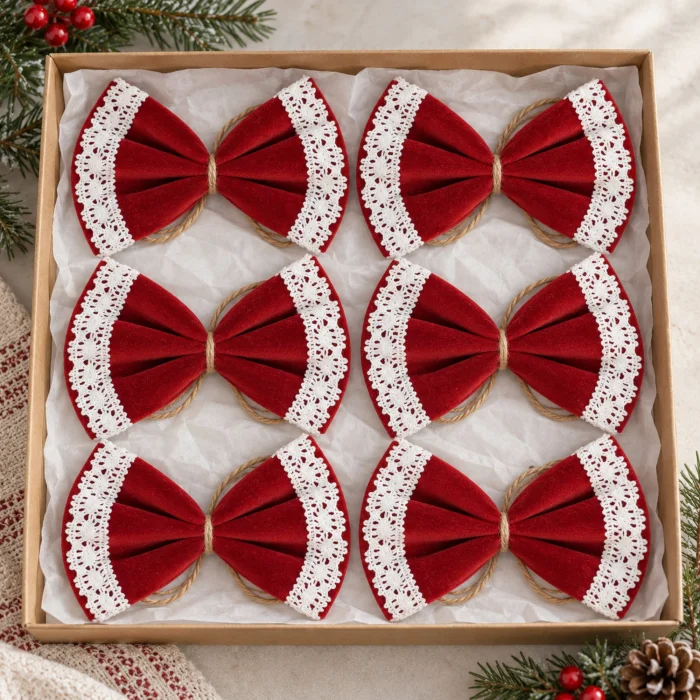 Cotton Lace Red Velvet Bow - Set of 6 - 3