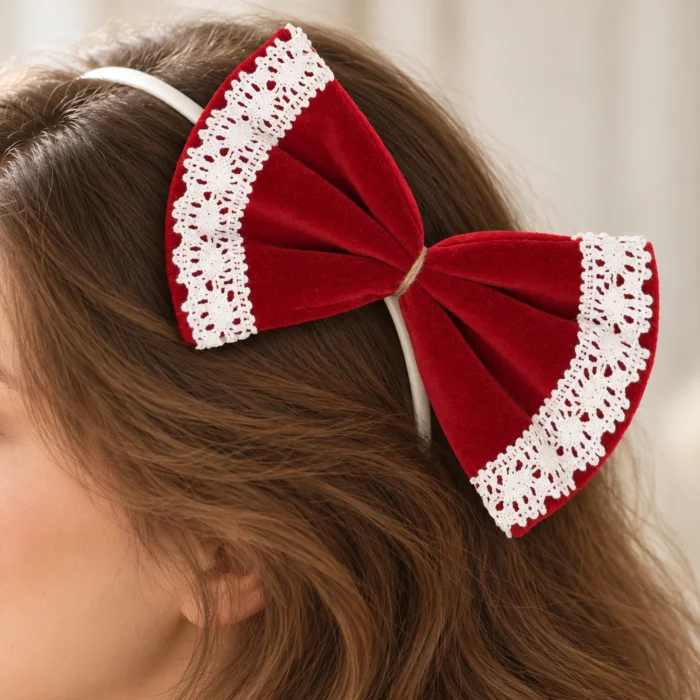 Cotton Lace Red Velvet Bow - Set of 6 - 6