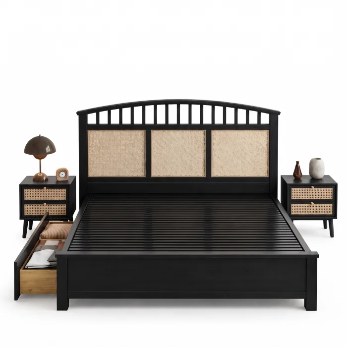 Karo Wicker & Solid Wood Bed Frame with Nightstands - 2