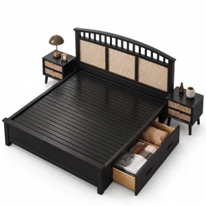Karo Wicker & Solid Wood Bed Frame with Nightstands - 3