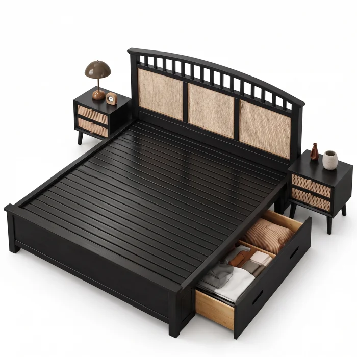 Karo Wicker & Solid Wood Bed Frame with Nightstands - 3