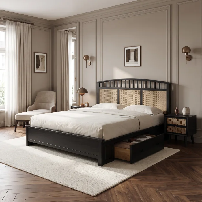 Karo Wicker & Solid Wood Bed Frame with Nightstands - 4