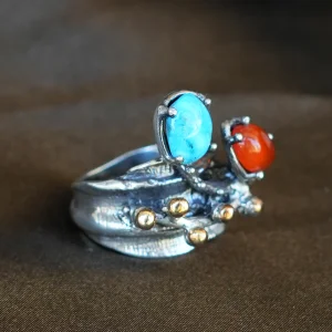 Natural Turquoise and Carnelian Silver Ring - 4