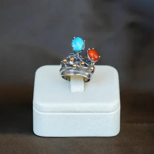 Natural Turquoise and Carnelian Silver Ring - 1