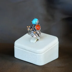 Natural Turquoise and Carnelian Silver Ring - 5