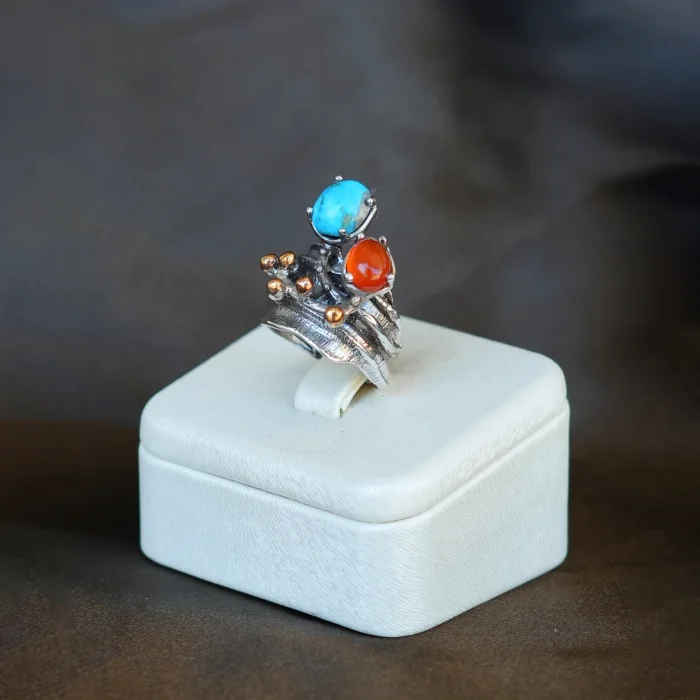 Natural Turquoise and Carnelian Silver Ring - 5