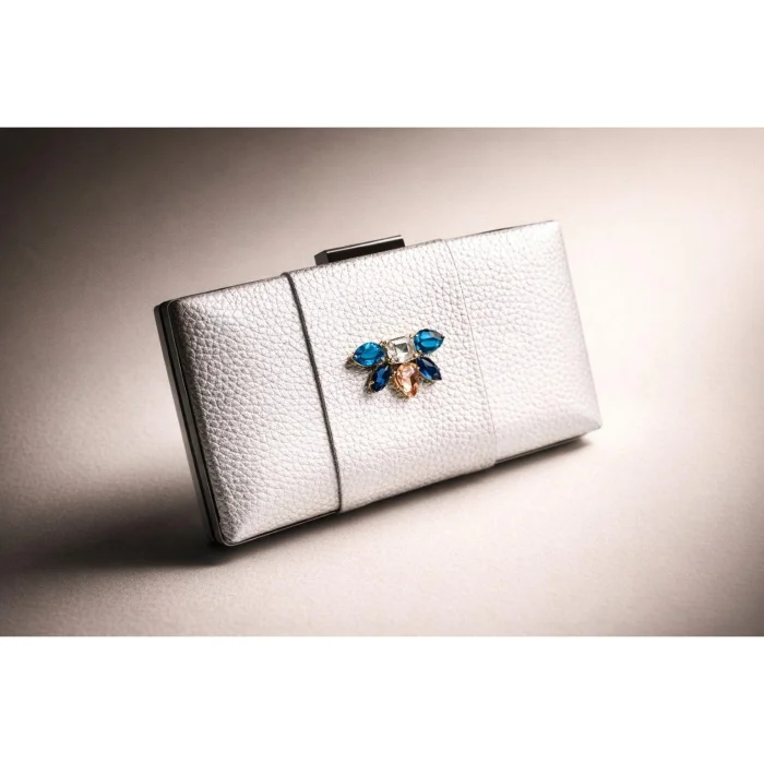 Kristal Taş İşlemeli Gümüş Deri El Çantası - 1