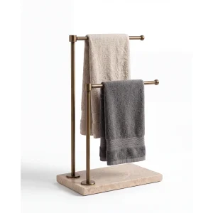 Natural Beige Marble Antique Gold Metal Double Towel Rack